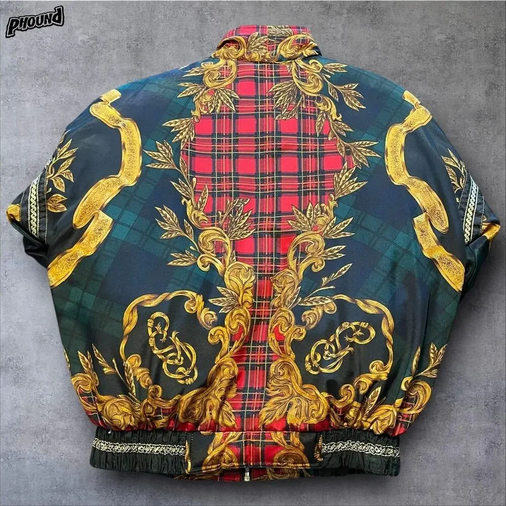 Vtg Gallery Down Jacket Womens S Baroque Plaid Puffer Bomber